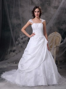 White Square Court Train Satin And Organza Embriodery Wedding Dress